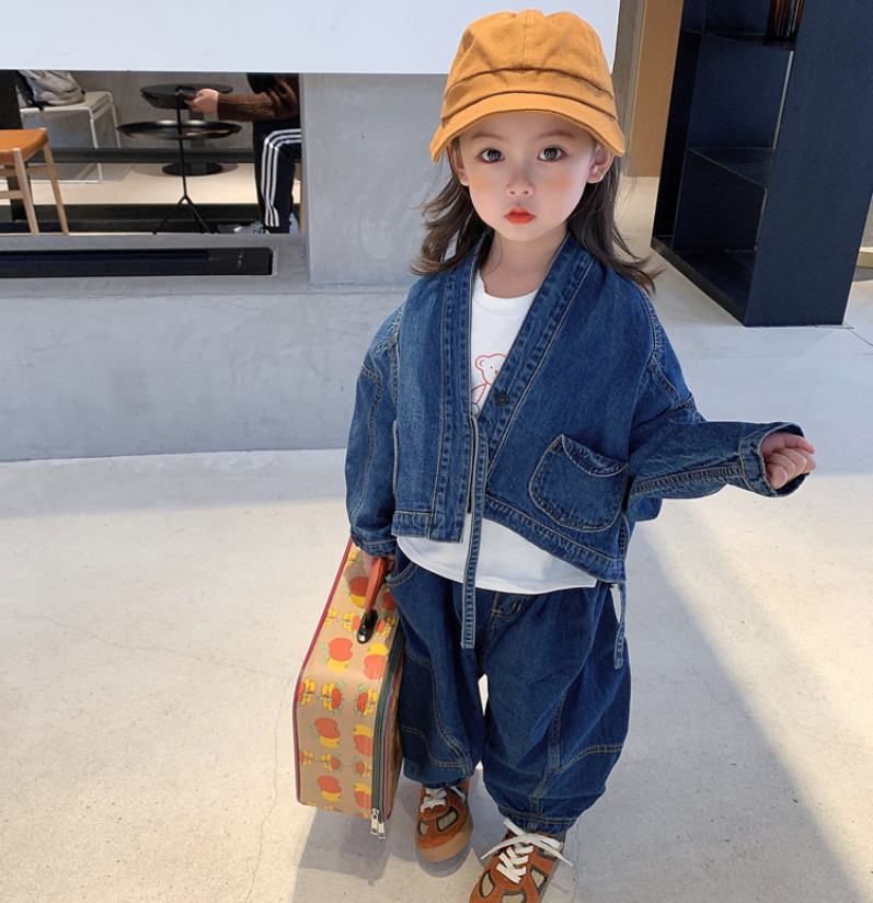

Fashion kids cowboy jackets 2021 fall children bat sleeve lace-up denim outwear girls casual jeans coat tops A7550, Blue