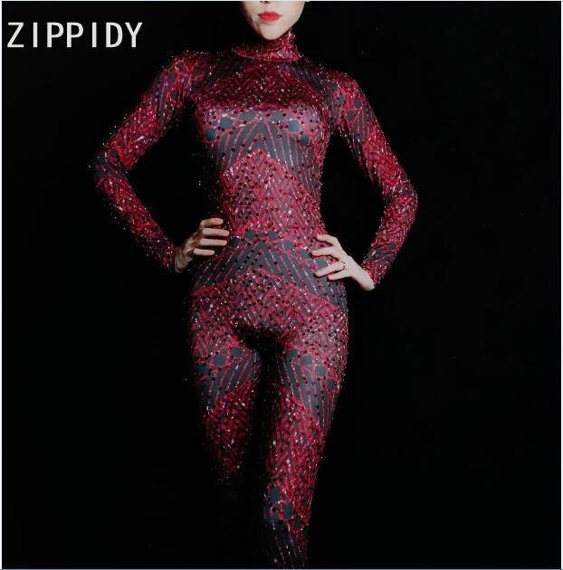 

Women's Jumpsuits & Rompers Full Red Rhinestones Spandex Bling Jumpsuit Birthday Party Celebrate Outfit Bar Female Singer Bodysuit Evening C