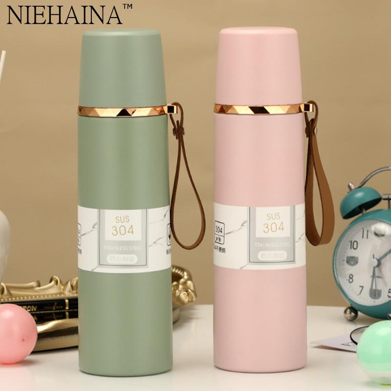 

Water Bottles Vacuum Stainless Steel Mug 304 Portable Macaron With Handle