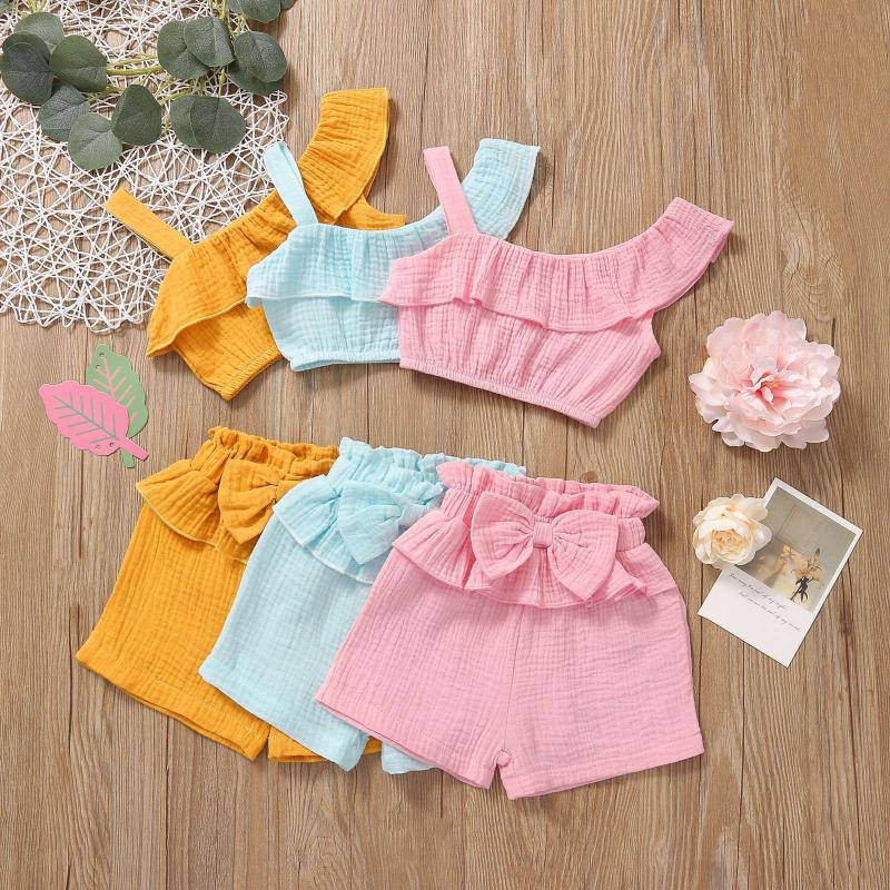

Clothing Sets Toddler Baby Girls Clothes Summer Dew Shoulder Ruffles Solid Tops+Bowknot Shorts Born Outfits 6 12 18 24 Months 3 Yeras, Blue
