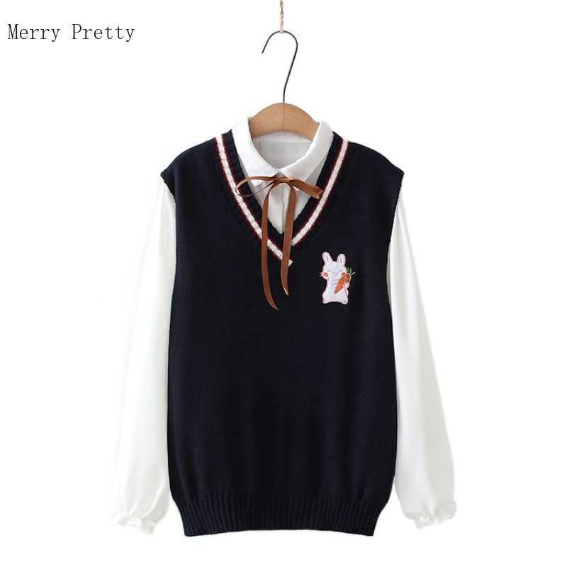 

Women Casual 2 Piece Sets Cartoon Rabbit Embroidery V-neck Sleeveless Knitted Vest and White Lace Up Long Sleeve Blouse Clothing 210526, White blouse
