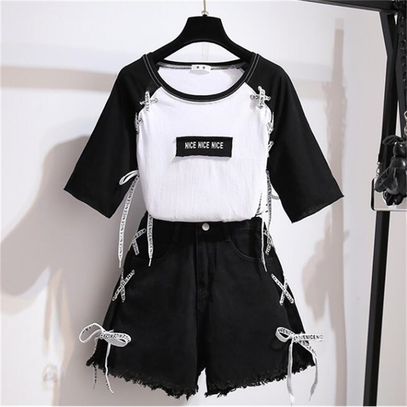 

Summer Women Short Sleeves O Neck Letter T-shirt + Lace-up Shorts Casual 2 pcs sets Female suits Outfit A2432 210519, Gray