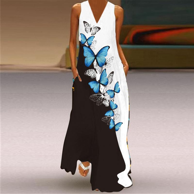 

Casual Dresses Summer Sleeveless Long Dress 2021 Beach Women Lady V Neck Butterfly Print Elegant Maxi Vestidos Robe Femme, Color n