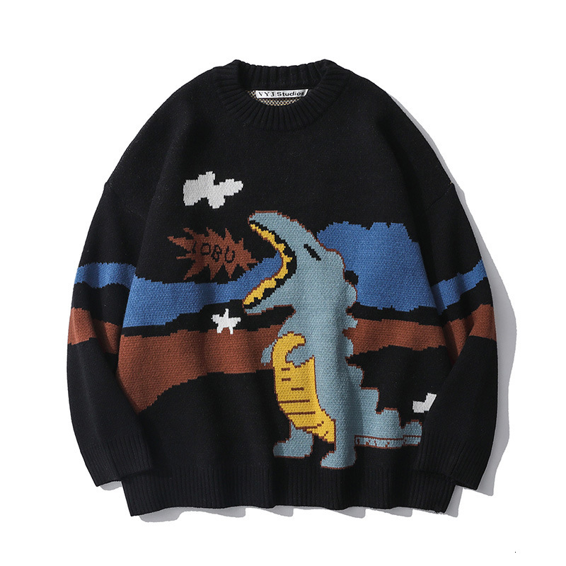 

sweater knit cartoon dinosaur jacquard men's fashion brand round neck street trend loose pullover, White;black