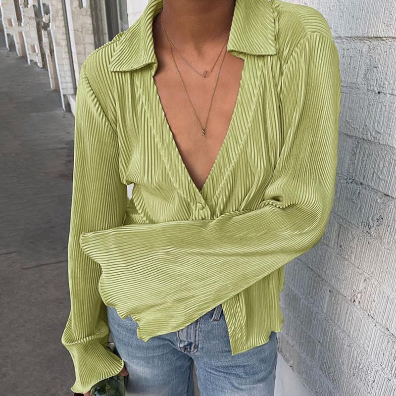 

Women' Blouses & Shirts 2021 Fashion Green Satin Blouse Flare Sleeve Pleated Women Shirt Elegant Spring Summer Top Female Loose V-Neck Sexy