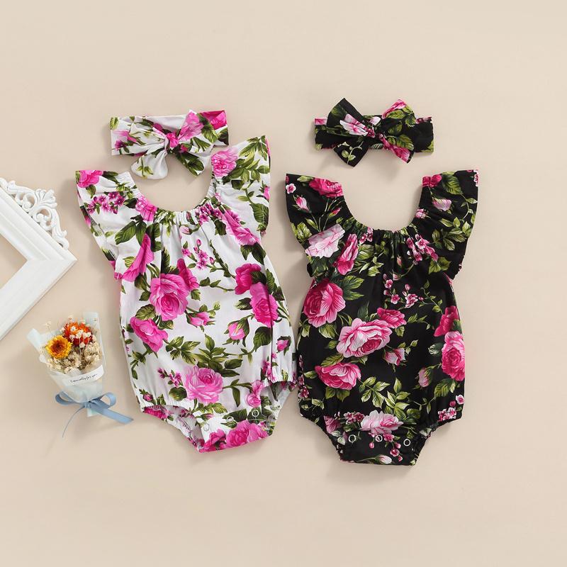 

Clothing Sets Infant Girls Summer Outfits Flying Sleeve Rose Floral Print Elastic Neck Playsuit With Headband 2 Piece Set For 0-24 Months, White