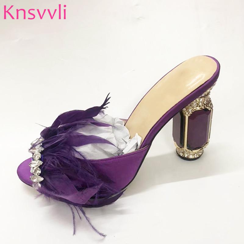 

Slippers Sexy Feather Crystal Satin Shoes Woman Strange Style Heel Open Toe Rhinestone Garnish Fashion Mules High, Black