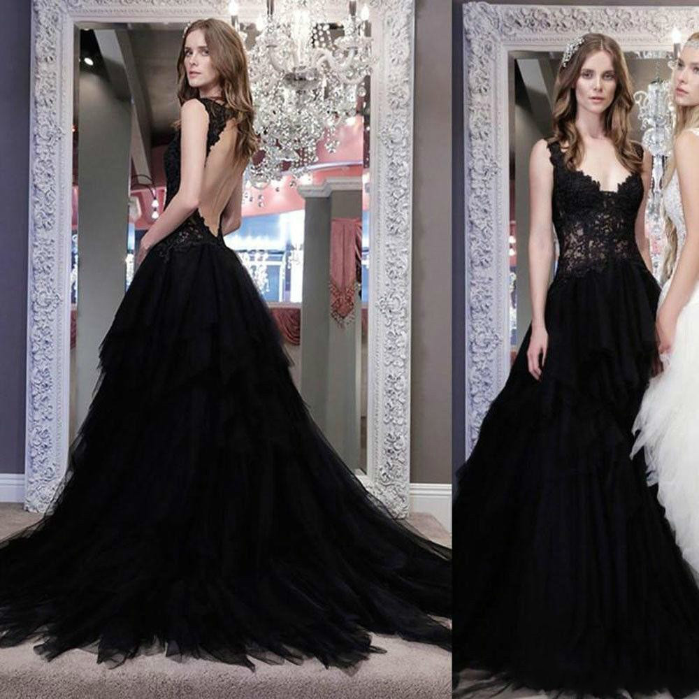 Sexy Black Gothic Wedding Dresses Bridal Gowns Plus Size A Line Lace Appliqued Hollow Backless Wedding Dress Vestido De Noiva-image-688759774