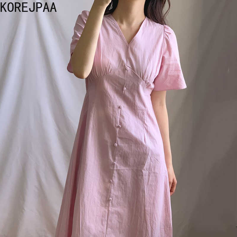

Korejpaa Women Dress Summer Korean Chic Sweet Gentle Slimming V-Neck Buttoned Pleated High-Waist Slim Puff Sleeve Vestidos 210526, Blue