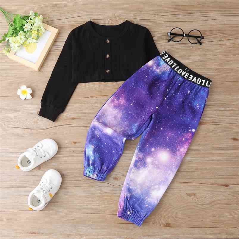 

Winter Children Sets Casual Long Sleeve Single Breasted T-shirt Starry Sky Tie Dyed Pants Cute 2Pcs Child Clothes 210629, Purple
