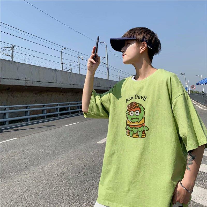 

Men's T-Shirts 2022 Summer Loose Short Sleeve Five-quarter T-shirt Round Collar Student Fashion Print Cartoon, White;black
