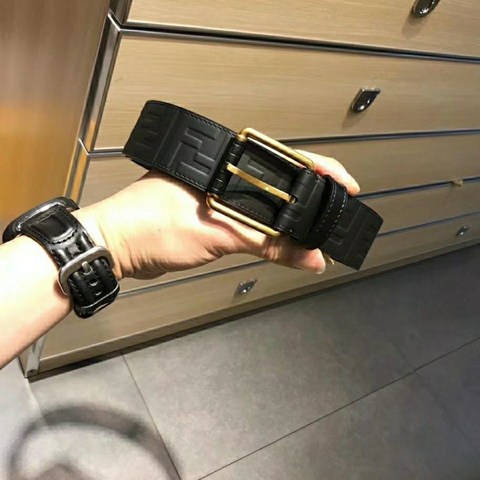 

Original Fab double-F Black Embossed belt, men's cow leather, pin buckle, versatile couple's belt, Black;brown