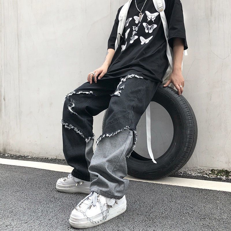 

Korean Fashion Tassel Contrast Cool High Street Harajuku Style Loose Raw Edge Jeans Men's Trendy, Black