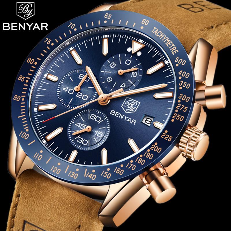 

Wristwatches BENYAR Men Watches 30m Waterproof Sports Quartz Chronograph Military WristWatch Clock Relogio Masculino BY-5140, L brown silver blue