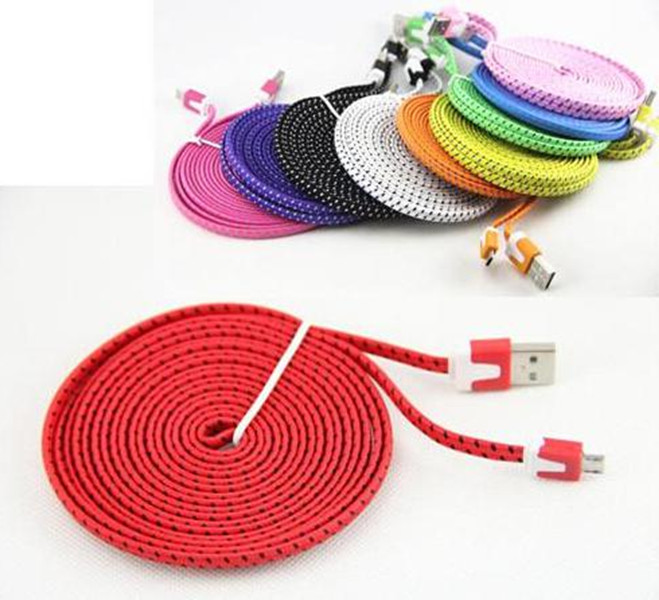 

Cell Phone Cables Noodle Braided Type C cable Micro USB 2.0 Sync Data Charging 1m 2m 3m Cord Flat Woven Fabric Dual Colors