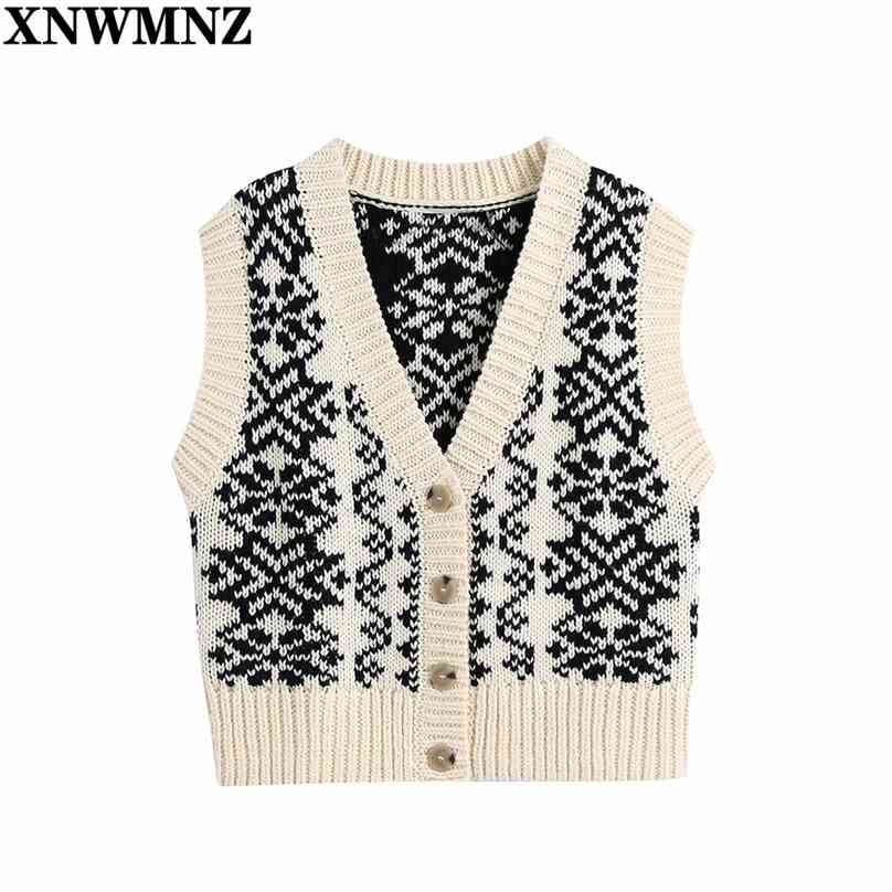 

Women Fashion Button-up Printed Knitted Vest Sweater Vintage V Neck Sleeveless Female Waistcoat Chic button Tops 210520, Black