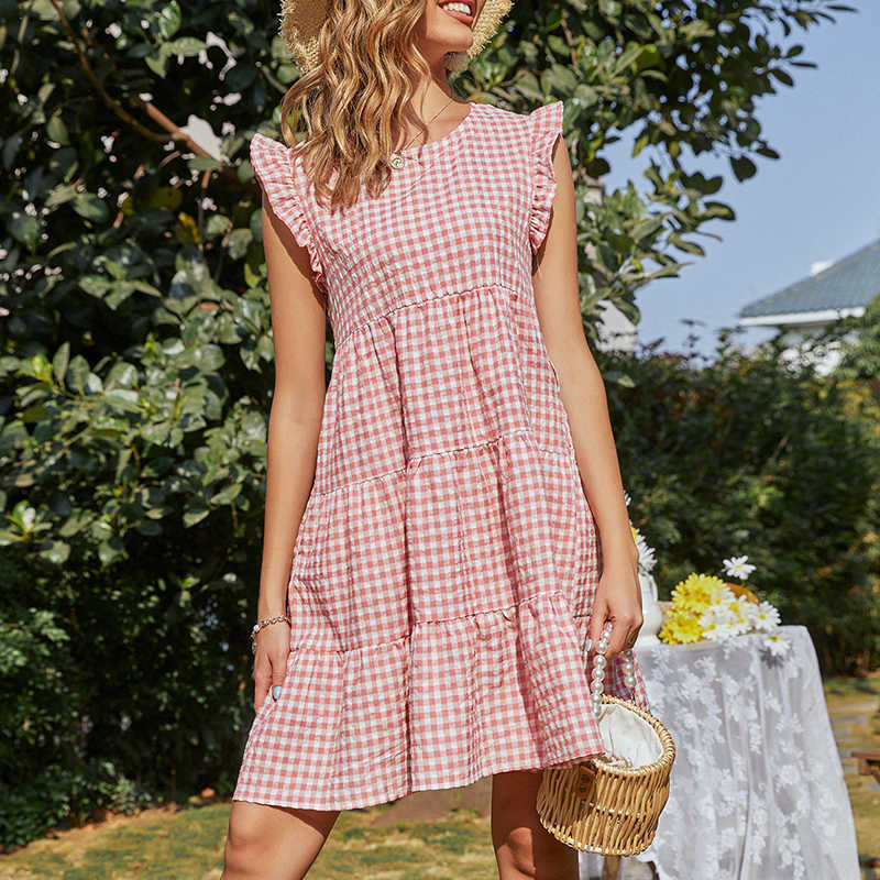 

Plaid Print Folds Ruffle O Neck Short Sleeve Dress Women Casual Streetwear Boho Beach Small Freshing Party Above Knee Dresses 210608, Black