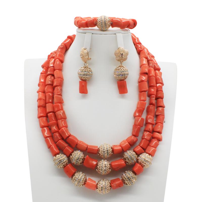 Collier de boucles d'oreilles 3 couches corail rouge mariage nigérian perles africaines bijoux ensemble d'or et de déclaration longue