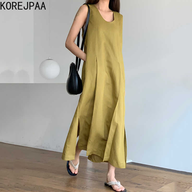 

Korejpaa Women Dress Summer Korean Chic Minimalist Temperament Thin V-Neck Pockets Loose Flowing Hem Slit Vest Vestidos 210526, Armygreen