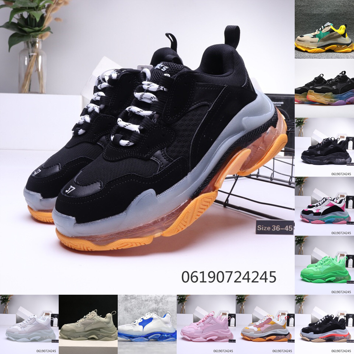 

2021 Paris Triple Clear bottom green Shoes Low Top Sneakers Men's and Women Daddy platform Sports Trainers 36-45, Box