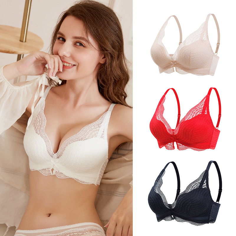 

Female Sexy Underwear Set Women AB Medium Thick Cup Wire Free Push up Exquisite Lace Lingerie Underpants Bra & Brief Sets, Champagne