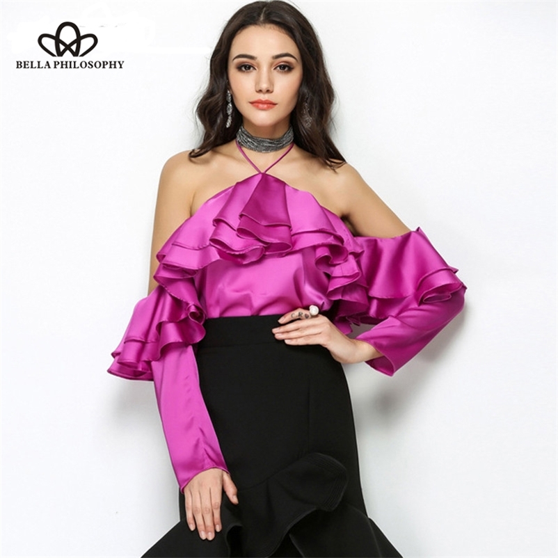 

summer women sexy satin slash neck shirt solid backless ladies ruffles blusas halter full sleeve blouse 210519, Black