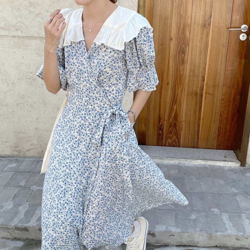 

Korea Chic Big Turn Down Collar Long Sleeve Dress Vintage Women Elegant Flower Print High Waist Casual Slim Midi Dress Vestidos 210518, Photo color