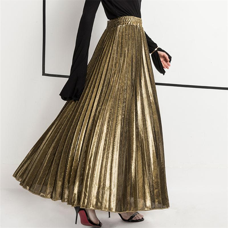 

Skirts Pleated Womens Long High Waist Skirt Streetwear Ladies Korean A Line Boho Beach Gold Sparkly 2021