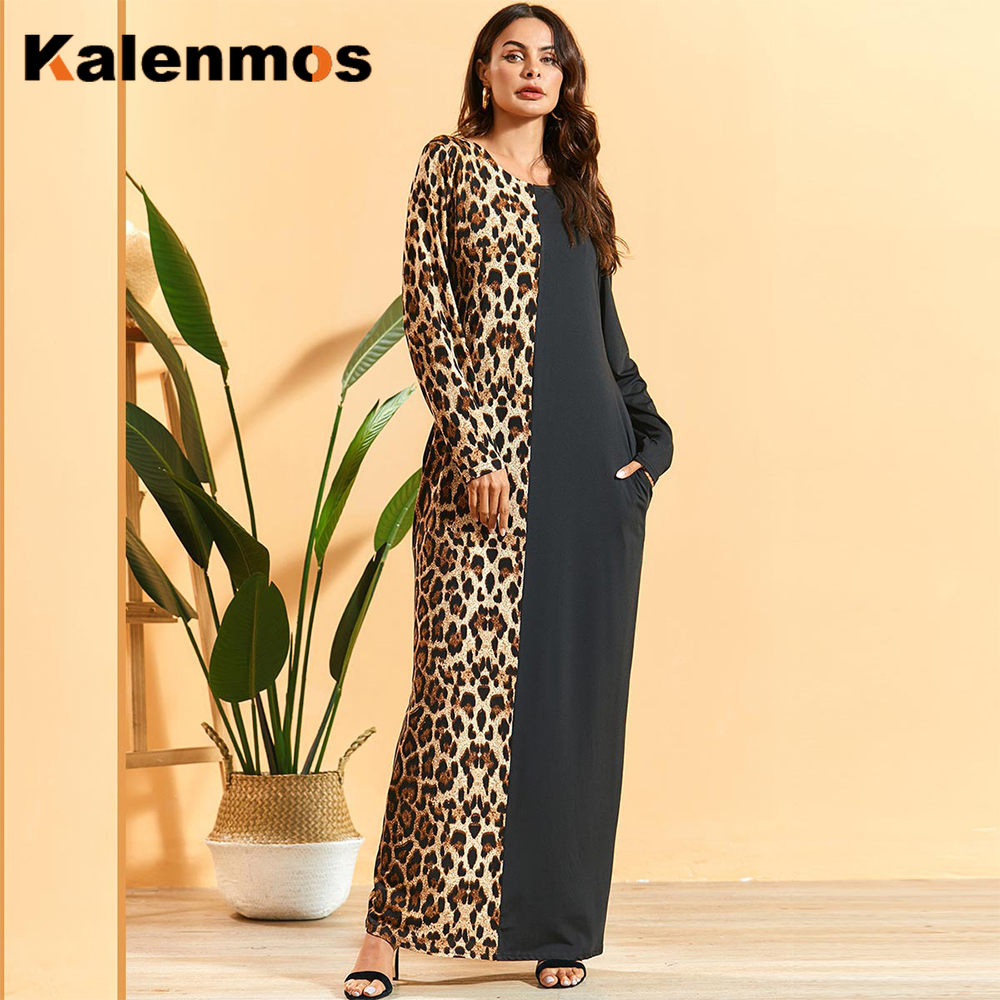 

Turkey Arab Autumn Maxi Dress Women Muslim Middle East Leopard Patchwork Long Sleeve Pencil Dress Loose Casual Arabian Clothing