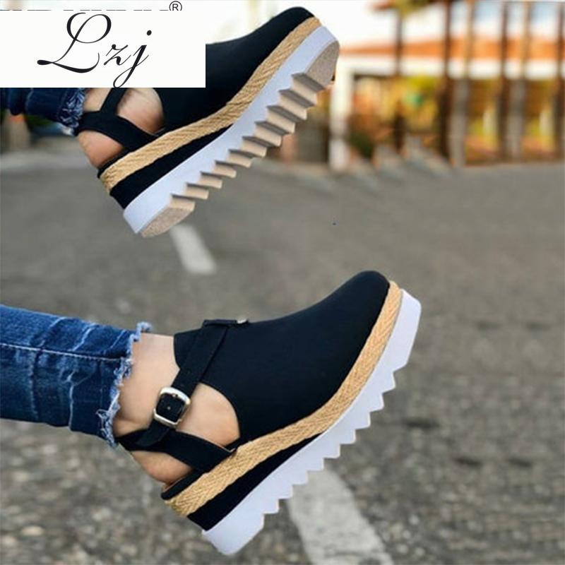 

Sandals Women's Vintage Wedge Shoes Woman Buckle Strap Straw Thick Bottom Flats Platform Flock Female Summer 2021, Black
