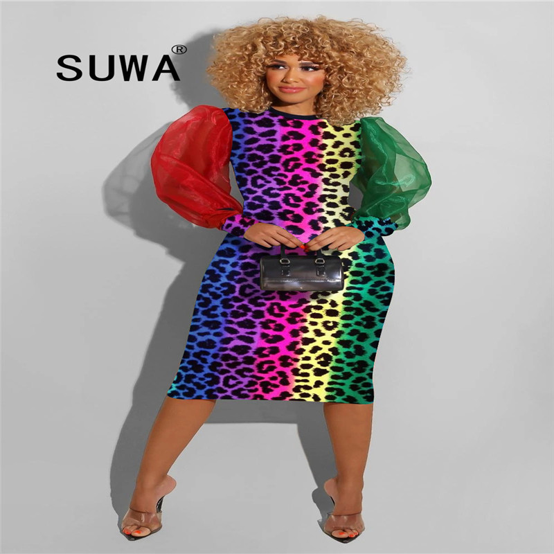 

Colorful Leopard Women Lantern Long Sleeve Midi Dress Elegant Bodycon Chic Maxi Autumn Winter Party Club 210525, Multi