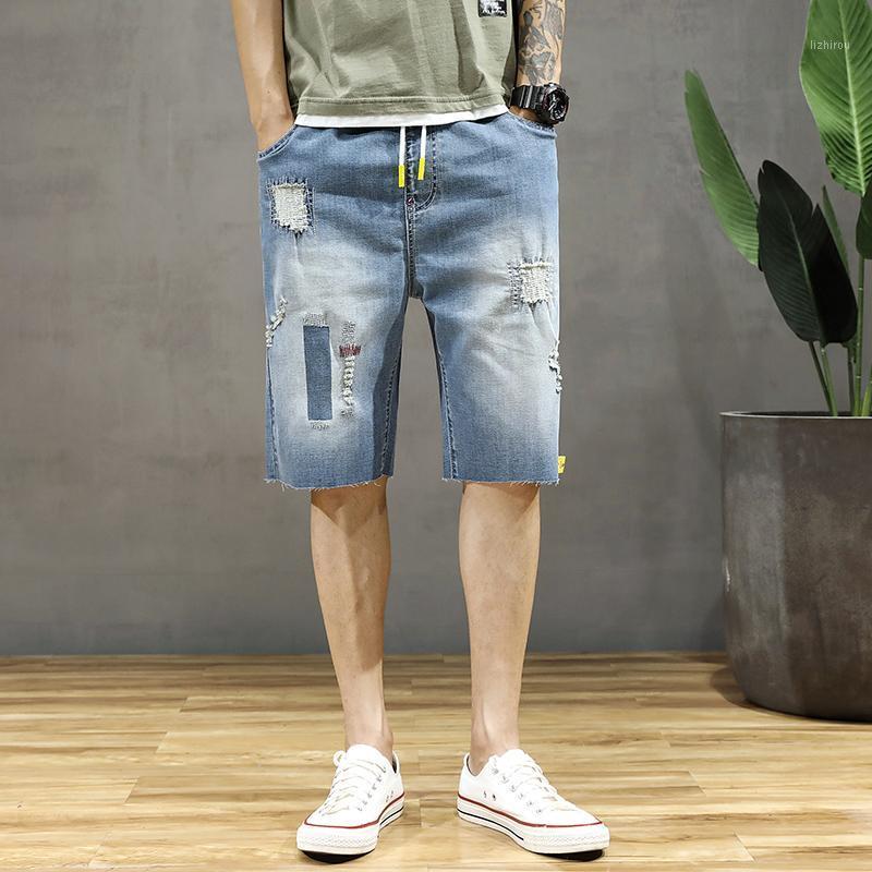 

Plus Size Men' Denim Shorts Summer Thin Drawstring Loose Short Jeans Washed Elastic Fashion Hole Patch Streetwear, Blue