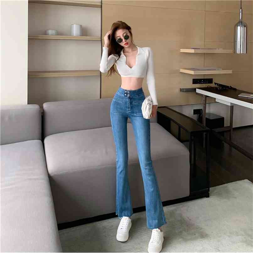 

Fashion high-waist jeans women Korean long-legged MM slim design stretch pants 210520, Blue