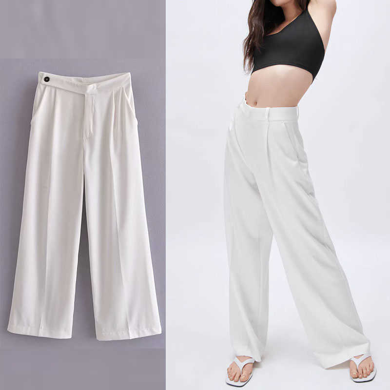 

Za White Vintage Wide Leg Pants Women High Waist Front Pockets Office Lady Pants Feminine Front Zip Button Ruching Trousers 210602