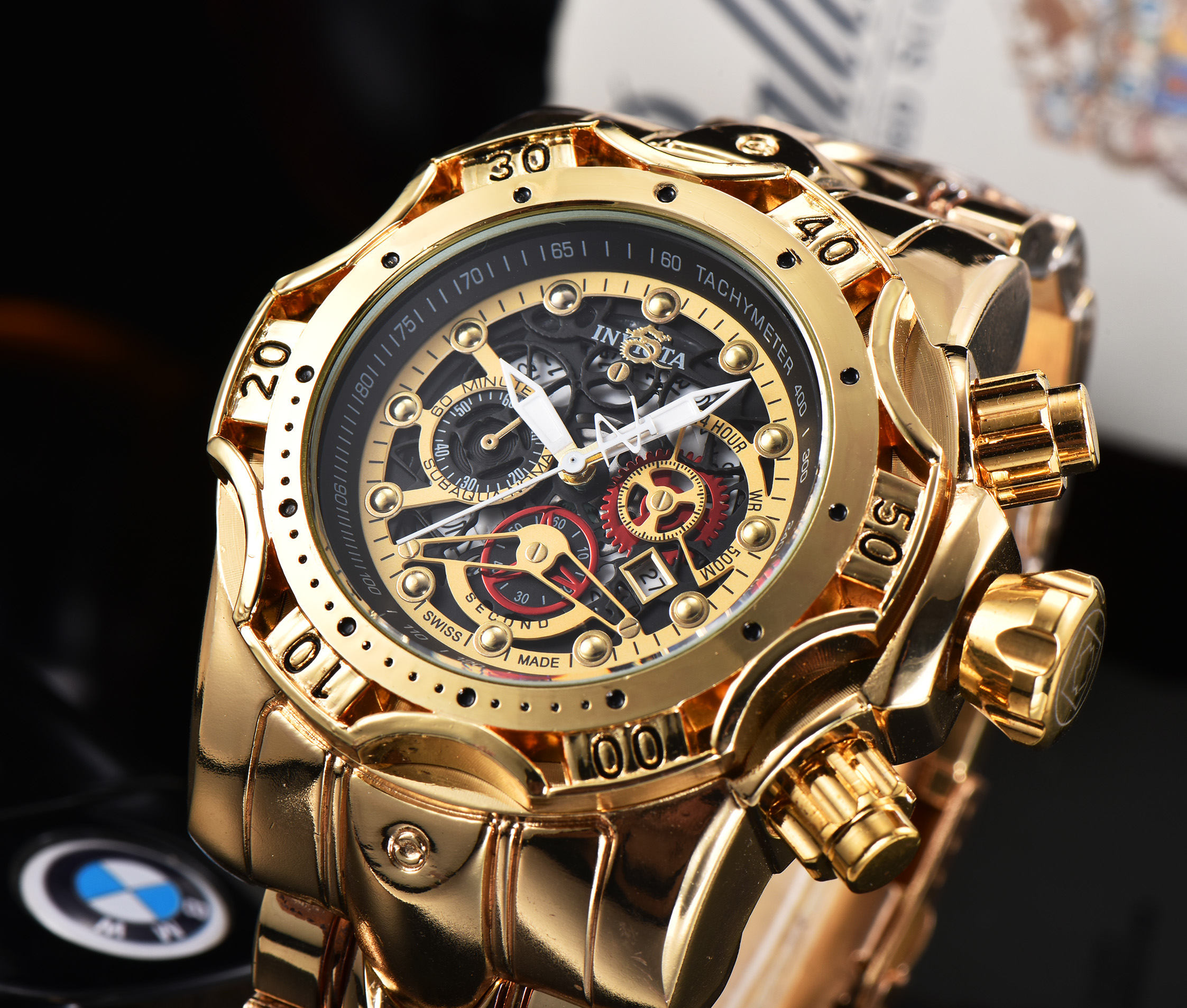

INVICTA DZ7333 outdoor sports men's calendar quartz watch steel belt hollow personality large dial folding buckle, Slivery;brown