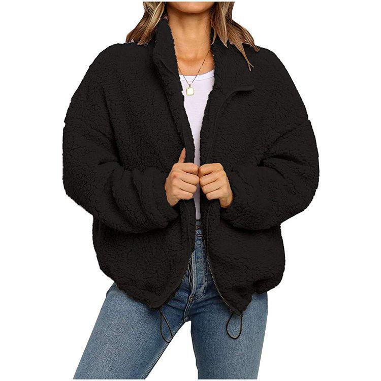 

coats Faux Jacket Women Autumn Winter Zipper Lapel Warm Thick Coat Tops Female Casual Overcoat Oversize Outerwear, Black