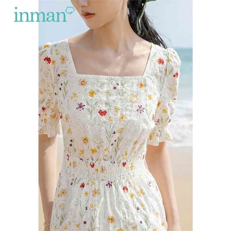 

INMAN Summer Dres Elegant Floral Print Waist Smocking Design Flower Sleeve Lady 210701, White