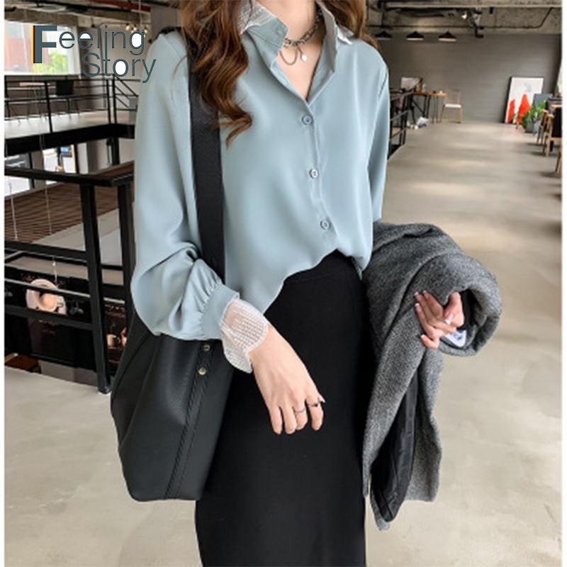 

Plus Size Blouses for Women Chiffon Lace Blouse The Office Shirt Button Down Long Sleeved Loose Elegant Blusas Femininas 210603, Blue