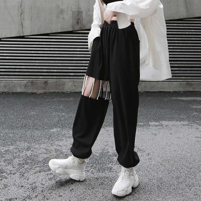 

Spring Black Pants Casual Loose Hollow Out Women Sweatpants All-match Korean Fashion Design Female Trousers 13A222 210525