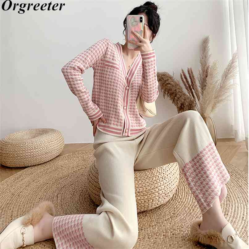 

Autumn Retro Plaids Outfits Wide-Leg Pants 2pcs Elegant Suit Long-sleeved Single Breasted Jumper Knitting 210602, Pink