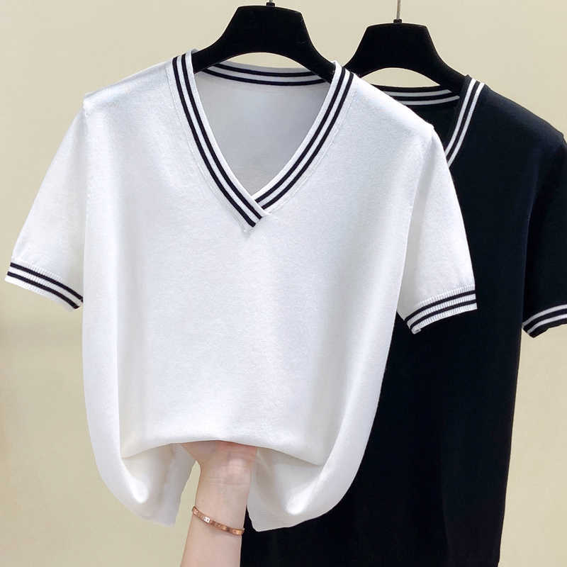 

Oversized Knitted Pullovers Women Summer Tassel V-Neck Stripe Short-Sleeved Jumper Knitwear Soft Womens Sweater Top 210604, White