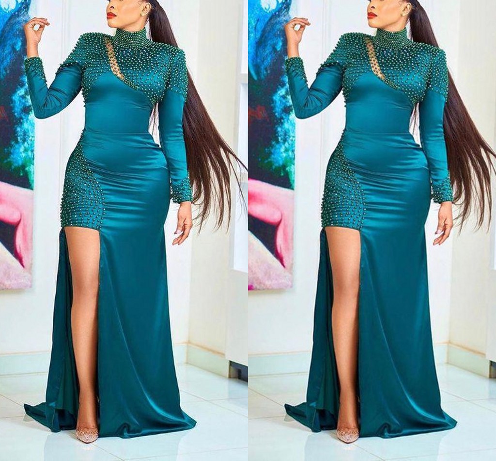 

Sexy Side Split Prom Dresses Pearls Beaded High Neck Long Sleeves Evening Dress Formal Party Second Reception Gowns, Orange