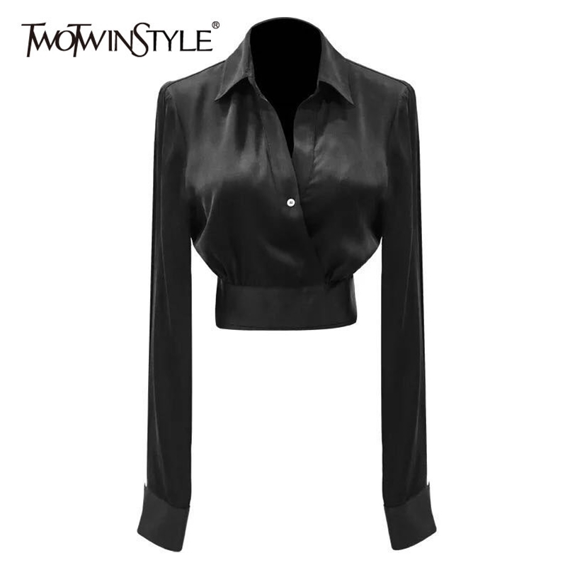 

Minimalist Short Black Shirt For Women Lapel Long Sleeve Casual Blouse Female Fashion Clothing Spring 210524