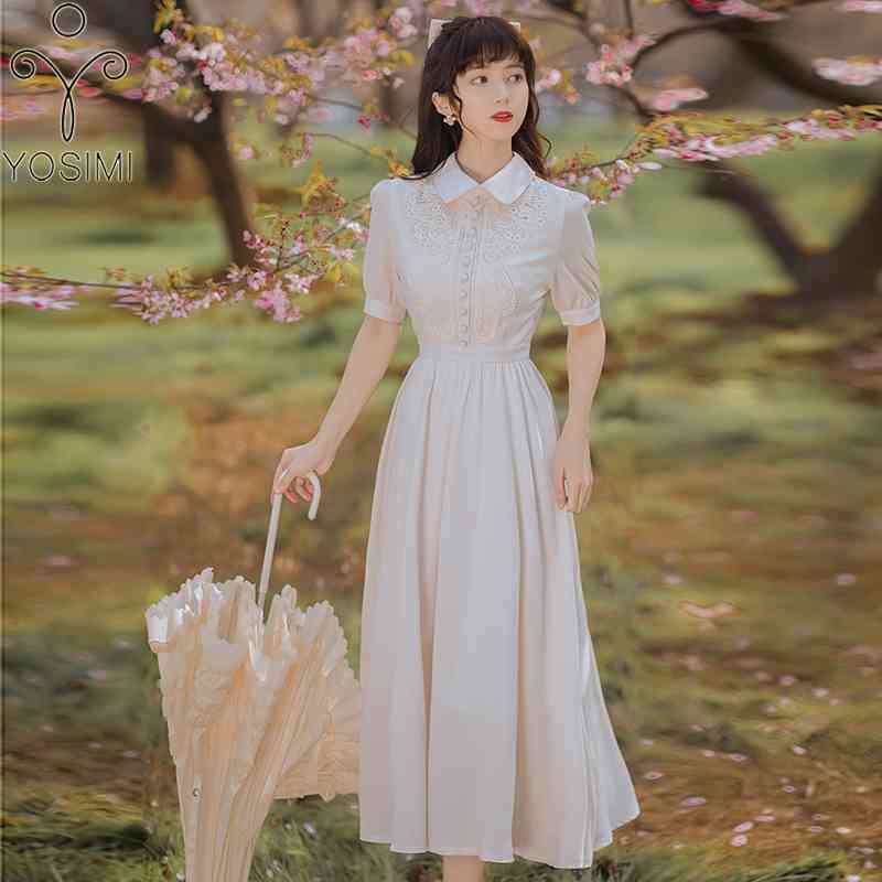 

YOSIMI Champagne Lace and Chiffon Shirt Dres Elegant Summer A-Line Mid-calf Short Sleeve Party 210604