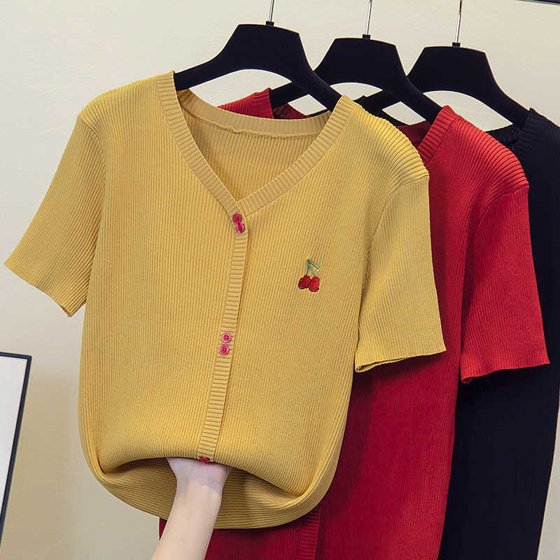 

spring and summer Oversized short-sleeved T-shirt women's V-neck embroidery pullover loose sweater large size L-4XL 210604, Red