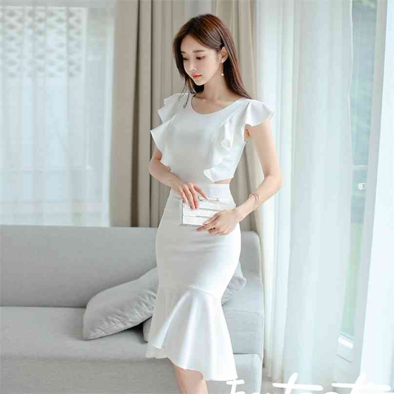 

summer white korean ladies Sleeveless ruffle Sexy elegant Midi Party Dresses for women china clothing 210602