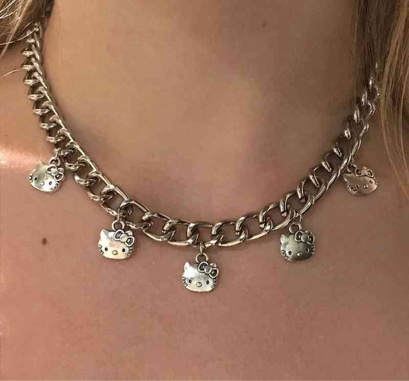 

2021 Goth Indie Korea Cute Cat Hollow Pendant Necklace Female Stainless Steel Alloy Goblincore E Girl Accessories Jewelry G1206