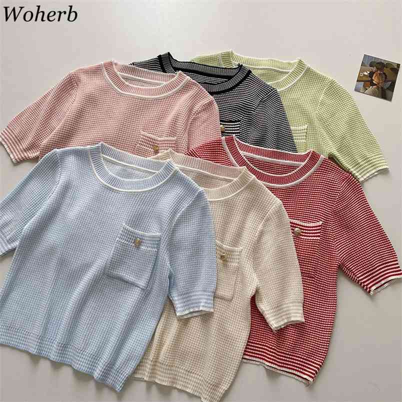 

Knitted T Shirts Women Summer O Neck Short Sleeve Tees Shirt Slim Korean Fashion Plaid Pocket Knitwear Tops 4j308 210519, Apricot