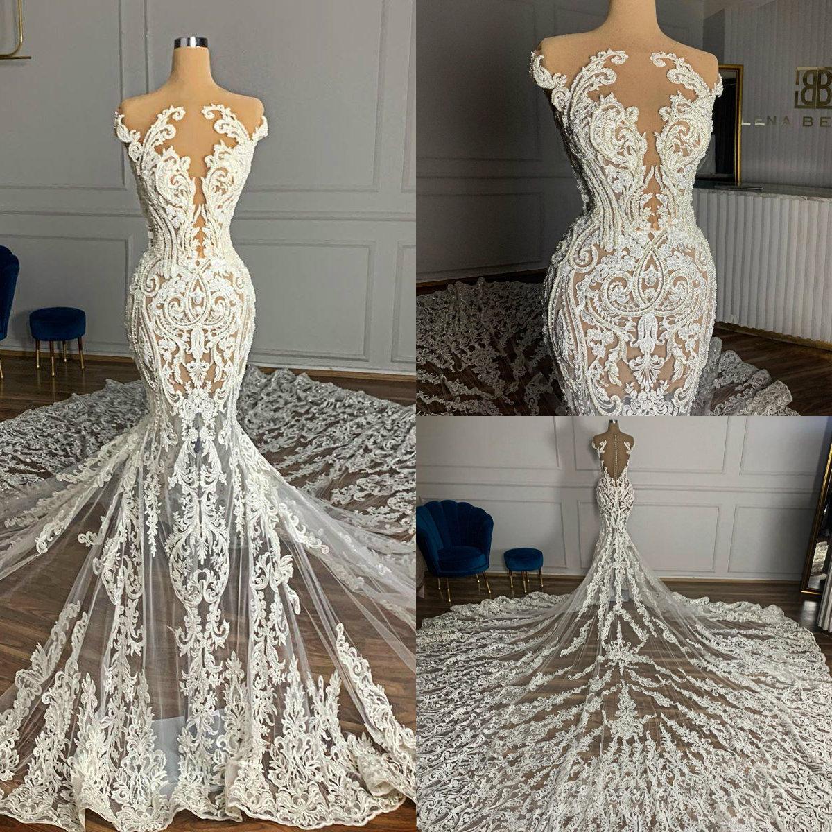 Robes de mariée de sirène en altération du cou: 2024 en dentelle arabe plus taille de balayage