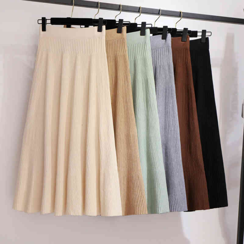 

Skirts Autumn Winter Cashmere Blend Long Knitted Women's Mid-Length High Waist A- line Pleated Drape Knit Green Coffee 86O6, Apricot